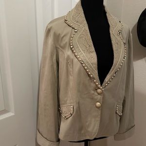 Beige khaki blazer with diamond and pearl studs